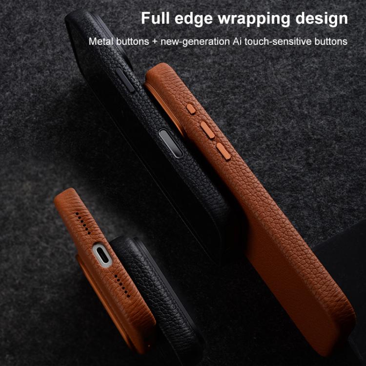 melkco Custodia per telefono in vera pelle con texture litchi, copertura completa magnetica e pulsante AI, For iPhone 17 Pro Max, For iPhone 17 Pro