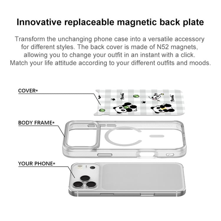 Adorabile custodia magnetica per telefono con motivo panda a griglia., For iPhone 16 Pro Max, For iPhone 16 Pro, For iPhone 15 Pro Max, For iPhone 15 Pro