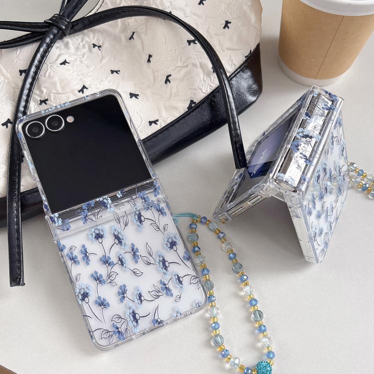 Elegante custodia per telefono con cinturino e motivo floreale azzurro ghiaccio., For Samsung Galaxy Z Flip7 5G, For Samsung Galaxy Z Flip6, For Samsung Galaxy Z Flip5