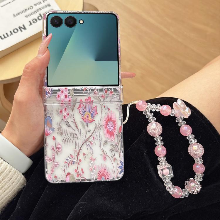 Elegante custodia per telefono con motivo floreale rosa e cinturino, For Samsung Galaxy Z Flip7 5G, For Samsung Galaxy Z Flip6, For Samsung Galaxy Z Flip5