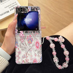 Elegante custodia per telefono con motivo floreale rosa e cinturino, For Samsung Galaxy Z Flip7 5G, For Samsung Galaxy Z Flip6, For Samsung Galaxy Z Flip5