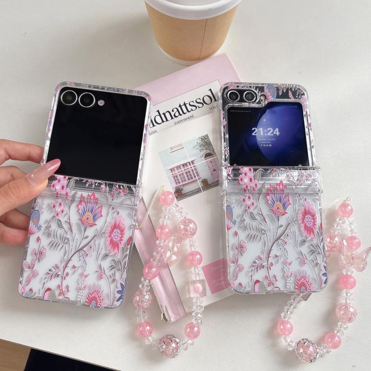 Elegante custodia per telefono con motivo floreale rosa e cinturino, For Samsung Galaxy Z Flip7 5G, For Samsung Galaxy Z Flip6, For Samsung Galaxy Z Flip5
