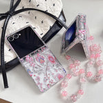 Elegante custodia per telefono con motivo floreale rosa e cinturino, For Samsung Galaxy Z Flip7 5G, For Samsung Galaxy Z Flip6, For Samsung Galaxy Z Flip5
