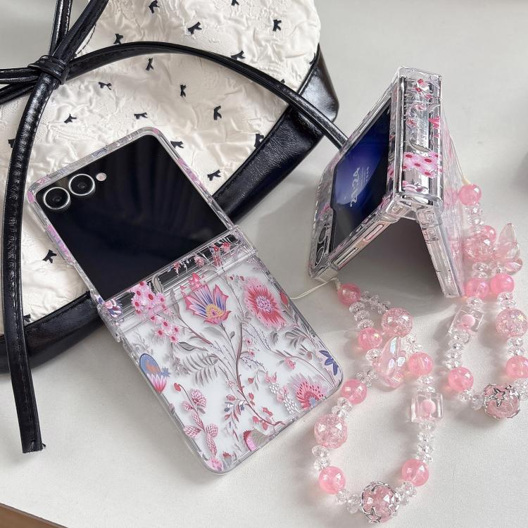 Elegante custodia per telefono con motivo floreale rosa e cinturino, For Samsung Galaxy Z Flip7 5G, For Samsung Galaxy Z Flip6, For Samsung Galaxy Z Flip5