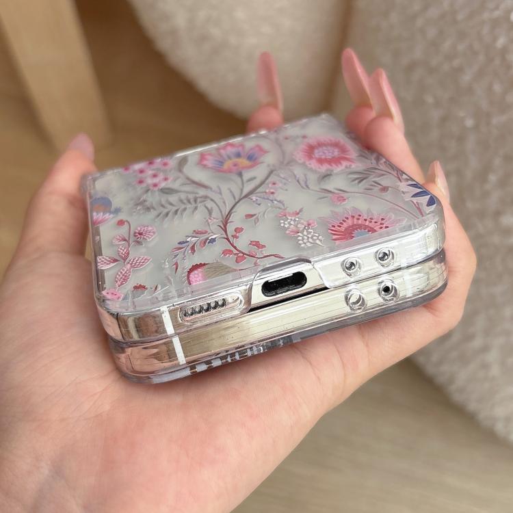 Elegante custodia per telefono con motivo floreale rosa e cinturino, For Samsung Galaxy Z Flip7 5G, For Samsung Galaxy Z Flip6, For Samsung Galaxy Z Flip5