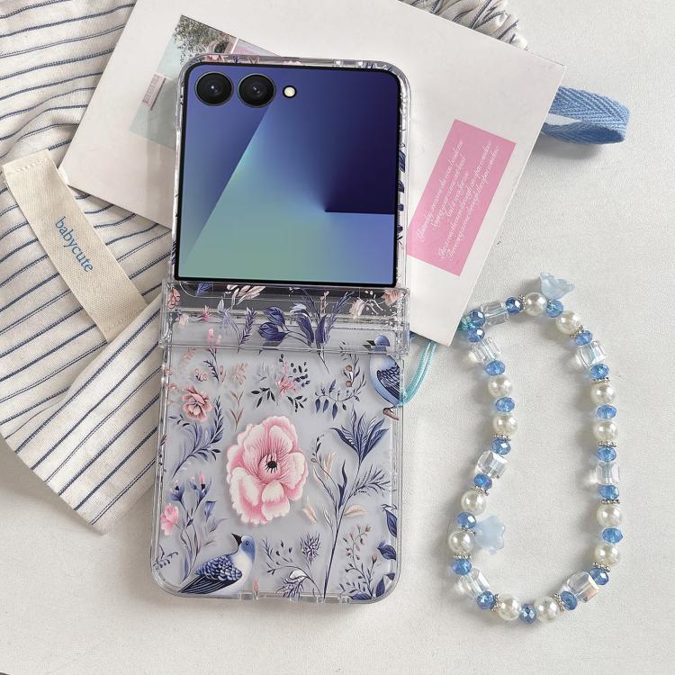 Custodia per telefono con cinturino e delicato motivo di fiori e uccelli., For Samsung Galaxy Z Flip7 5G, For Samsung Galaxy Z Flip6, For Samsung Galaxy Z Flip5