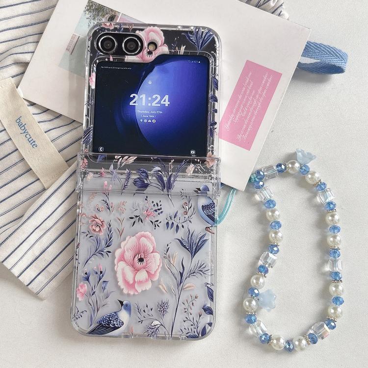 Custodia per telefono con cinturino e delicato motivo di fiori e uccelli., For Samsung Galaxy Z Flip7 5G, For Samsung Galaxy Z Flip6, For Samsung Galaxy Z Flip5