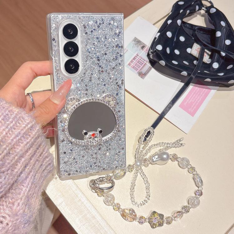 Custodia per telefono con specchio e cinturino a forma di orsetto con diamanti scintillanti, For Samsung Galaxy Z Fold7 5G, For Samsung Galaxy Z Flip7 5G, For Samsung Galaxy Z Flip6, For Samsung Galaxy Z Fold6, For Samsung Galaxy Z Fold5               ...