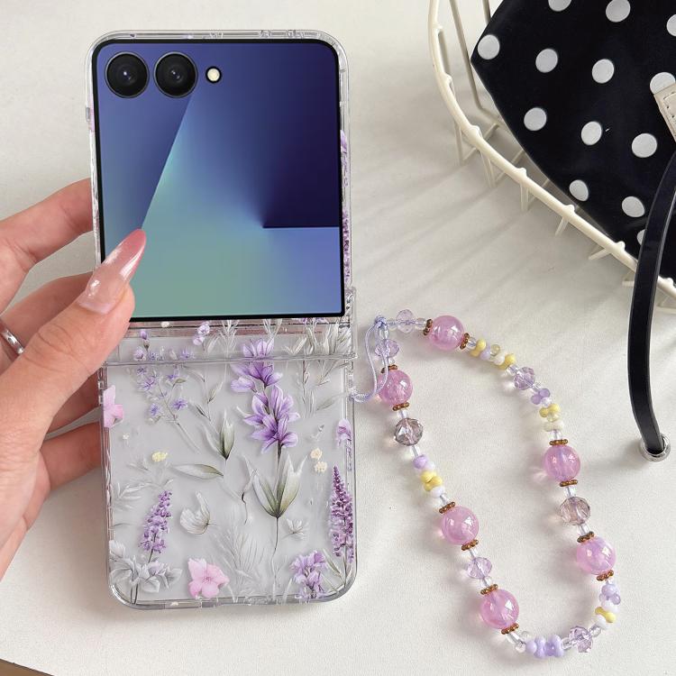Custodia per telefono con motivo a fiori di lavanda e cinturino, For Samsung Galaxy Z Flip7 5G, For Samsung Galaxy Z Flip6, For Samsung Galaxy Z Flip5