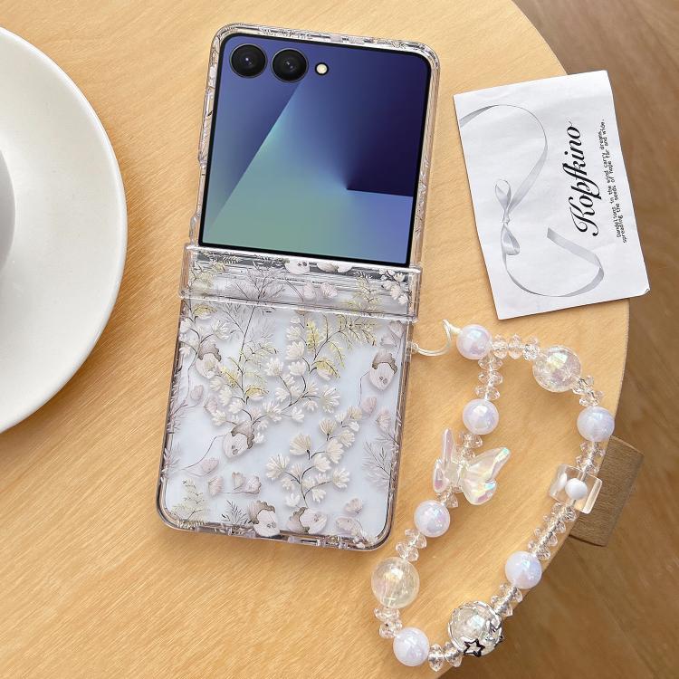 Custodia per telefono con motivo di fiori e foglie bianche e cinturino, For Samsung Galaxy Z Flip7 5G, For Samsung Galaxy Z Flip6, For Samsung Galaxy Z Flip5