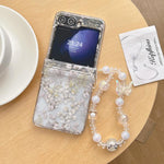 Custodia per telefono con motivo di fiori e foglie bianche e cinturino, For Samsung Galaxy Z Flip7 5G, For Samsung Galaxy Z Flip6, For Samsung Galaxy Z Flip5