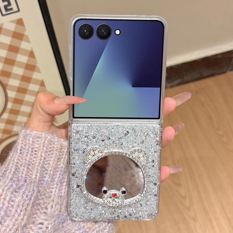 Custodia per telefono con specchio e design a orsetto di diamanti scintillanti, For Samsung Galaxy Z Fold7 5G, For Samsung Galaxy Z Flip7 5G, For Samsung Galaxy Z Flip6, For Samsung Galaxy Z Fold6, For Samsung Galaxy Z Fold5, For Samsung Galaxy Z Flip5...