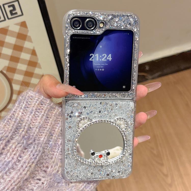 Custodia per telefono con specchio e design a orsetto di diamanti scintillanti, For Samsung Galaxy Z Fold7 5G, For Samsung Galaxy Z Flip7 5G, For Samsung Galaxy Z Flip6, For Samsung Galaxy Z Fold6, For Samsung Galaxy Z Fold5, For Samsung Galaxy Z Flip5...