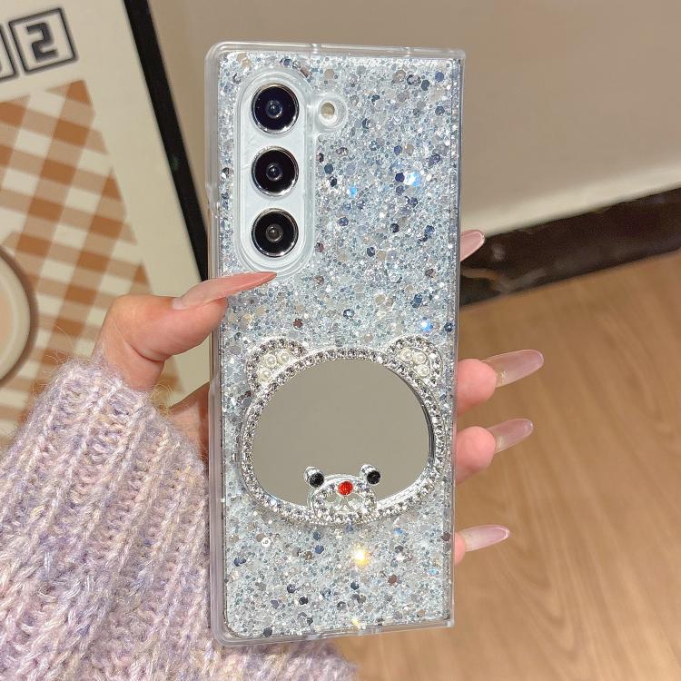 Custodia per telefono con specchio e design a orsetto di diamanti scintillanti, For Samsung Galaxy Z Fold7 5G, For Samsung Galaxy Z Flip7 5G, For Samsung Galaxy Z Flip6, For Samsung Galaxy Z Fold6, For Samsung Galaxy Z Fold5, For Samsung Galaxy Z Flip5...
