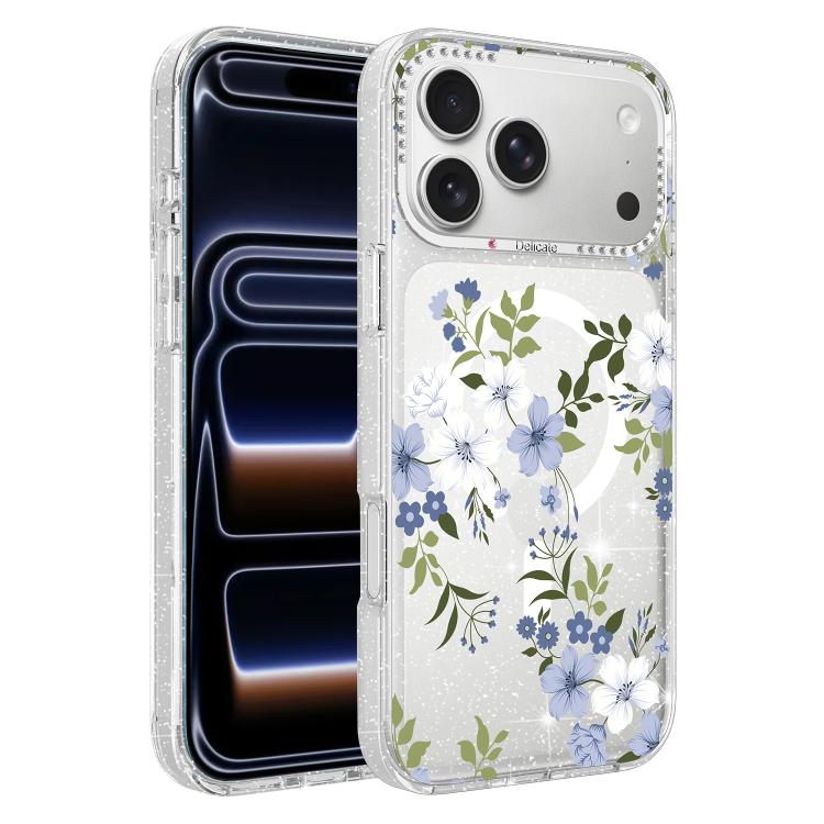 Custodia magnetica per telefono con glitter e motivo floreale IMD, For iPhone 18 Pro, For iPhone 18 Pro Max, For iPhone 17 Pro Max, For iPhone 17 Pro