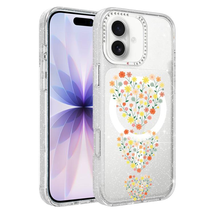 Custodia magnetica per telefono con glitter e motivo floreale IMD, For iPhone 17, For iPhone 16 Pro Max, For iPhone 16 Pro, For iPhone 16