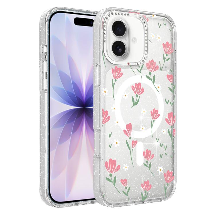 Custodia magnetica per telefono con glitter e motivo floreale IMD, For iPhone 17, For iPhone 16 Pro Max, For iPhone 16 Pro, For iPhone 16