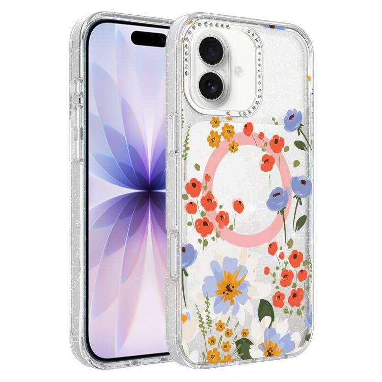 Custodia magnetica per telefono con glitter e motivo floreale IMD, For iPhone 17, For iPhone 16 Pro Max, For iPhone 16 Pro, For iPhone 16