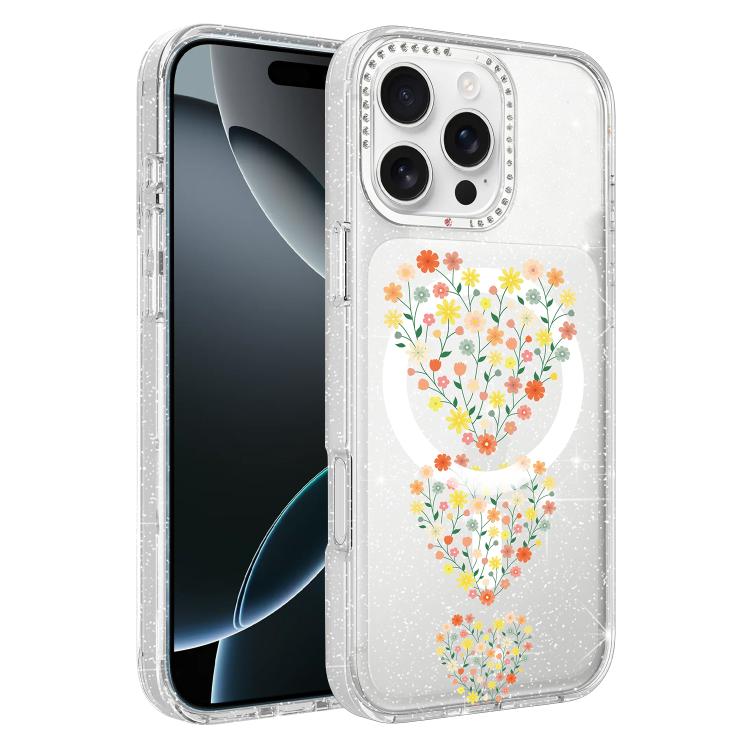 Custodia magnetica per telefono con glitter e motivo floreale IMD, For iPhone 17, For iPhone 16 Pro Max, For iPhone 16 Pro, For iPhone 16