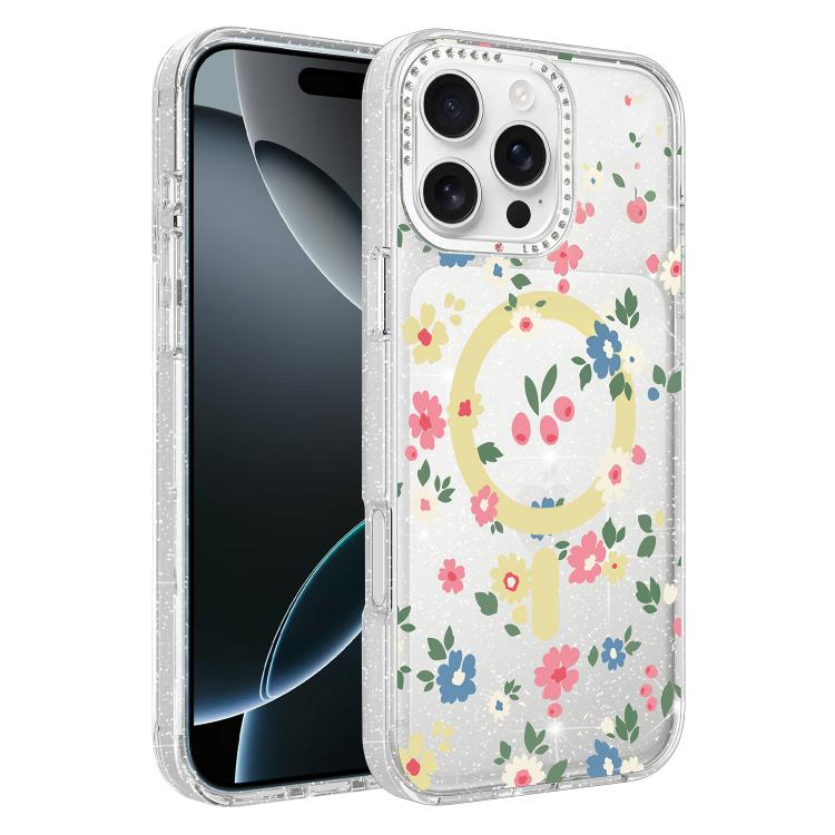 Custodia magnetica per telefono con glitter e motivo floreale IMD, For iPhone 17, For iPhone 16 Pro Max, For iPhone 16 Pro, For iPhone 16