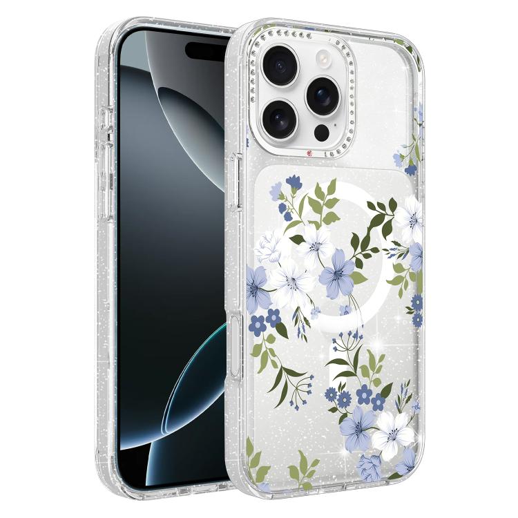 Custodia magnetica per telefono con glitter e motivo floreale IMD, For iPhone 17, For iPhone 16 Pro Max, For iPhone 16 Pro, For iPhone 16