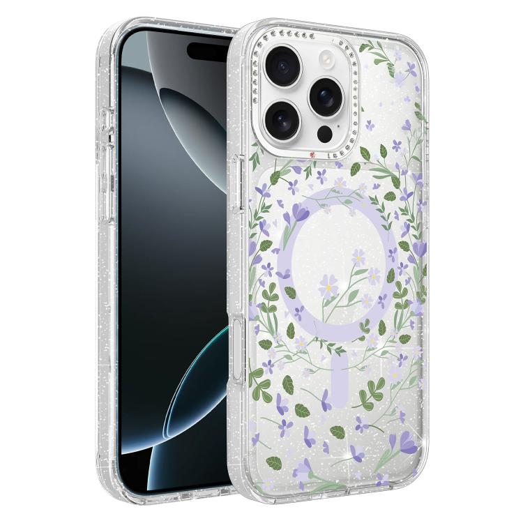 Custodia magnetica per telefono con glitter e motivo floreale IMD, For iPhone 17, For iPhone 16 Pro Max, For iPhone 16 Pro, For iPhone 16