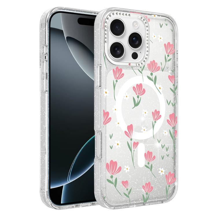 Custodia magnetica per telefono con glitter e motivo floreale IMD, For iPhone 17, For iPhone 16 Pro Max, For iPhone 16 Pro, For iPhone 16