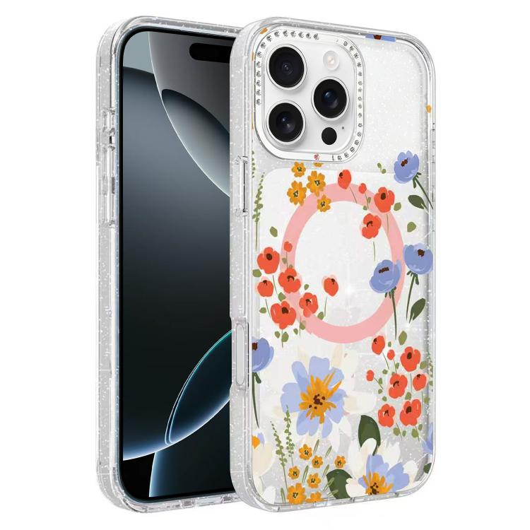 Custodia magnetica per telefono con glitter e motivo floreale IMD, For iPhone 17, For iPhone 16 Pro Max, For iPhone 16 Pro, For iPhone 16