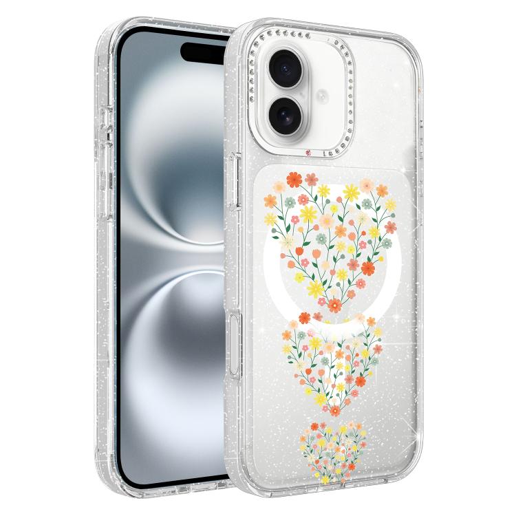 Custodia magnetica per telefono con glitter e motivo floreale IMD, For iPhone 17, For iPhone 16 Pro Max, For iPhone 16 Pro, For iPhone 16