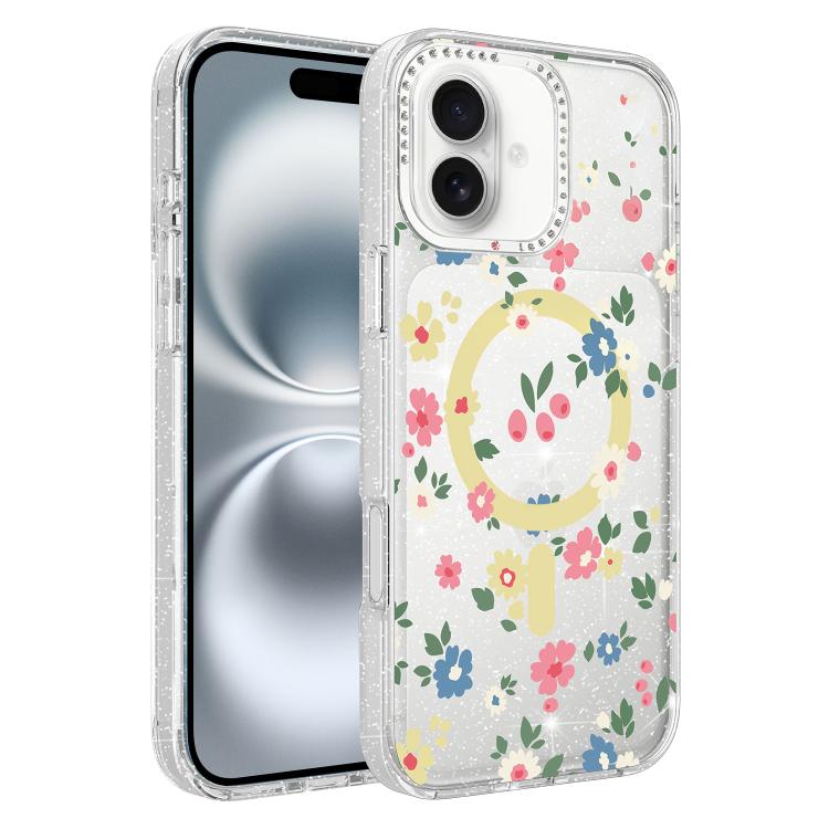 Custodia magnetica per telefono con glitter e motivo floreale IMD, For iPhone 17, For iPhone 16 Pro Max, For iPhone 16 Pro, For iPhone 16