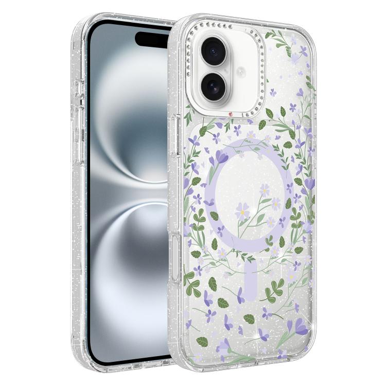 Custodia magnetica per telefono con glitter e motivo floreale IMD, For iPhone 17, For iPhone 16 Pro Max, For iPhone 16 Pro, For iPhone 16