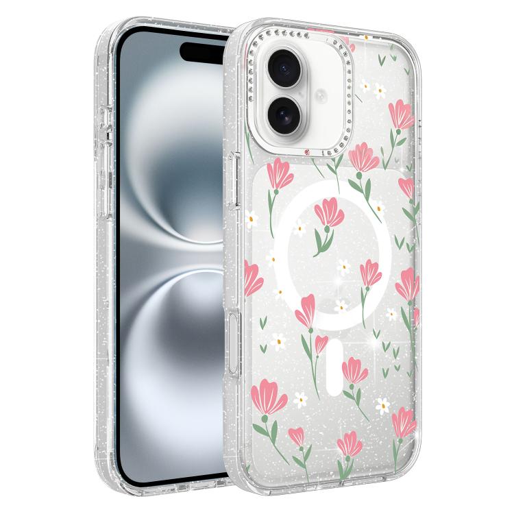 Custodia magnetica per telefono con glitter e motivo floreale IMD, For iPhone 17, For iPhone 16 Pro Max, For iPhone 16 Pro, For iPhone 16