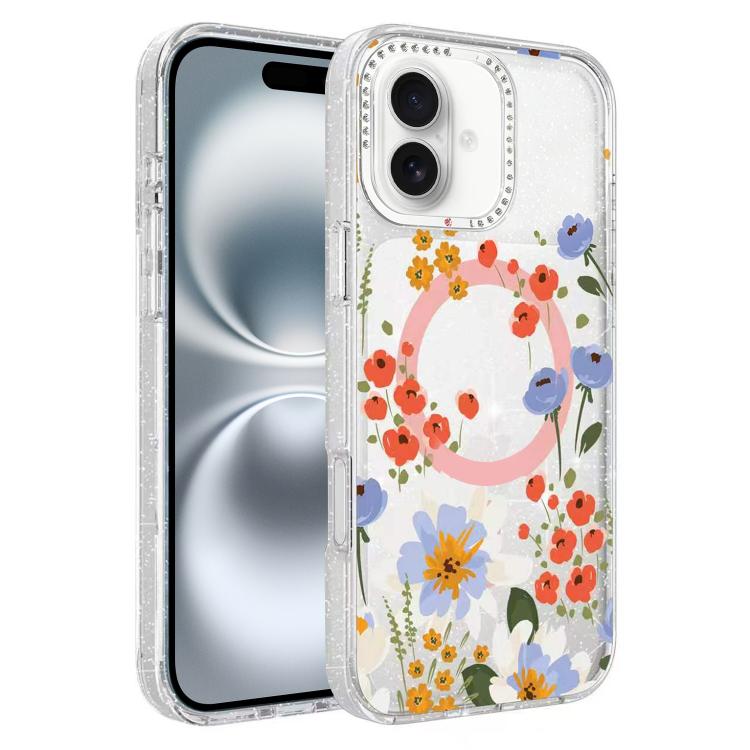 Custodia magnetica per telefono con glitter e motivo floreale IMD, For iPhone 17, For iPhone 16 Pro Max, For iPhone 16 Pro, For iPhone 16
