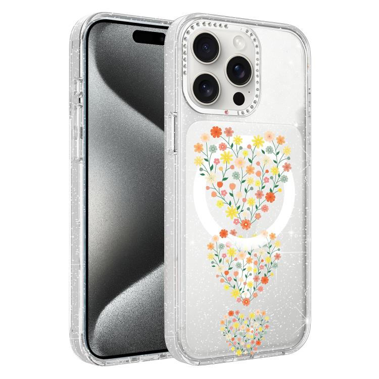 Custodia magnetica per telefono con glitter e motivo floreale IMD, For iPhone 15 Pro Max, For iPhone 15 Pro, For iPhone 15