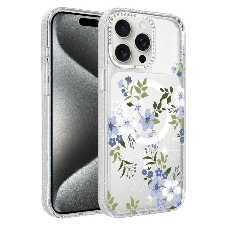 Custodia magnetica per telefono con glitter e motivo floreale IMD, For iPhone 15 Pro Max, For iPhone 15 Pro, For iPhone 15