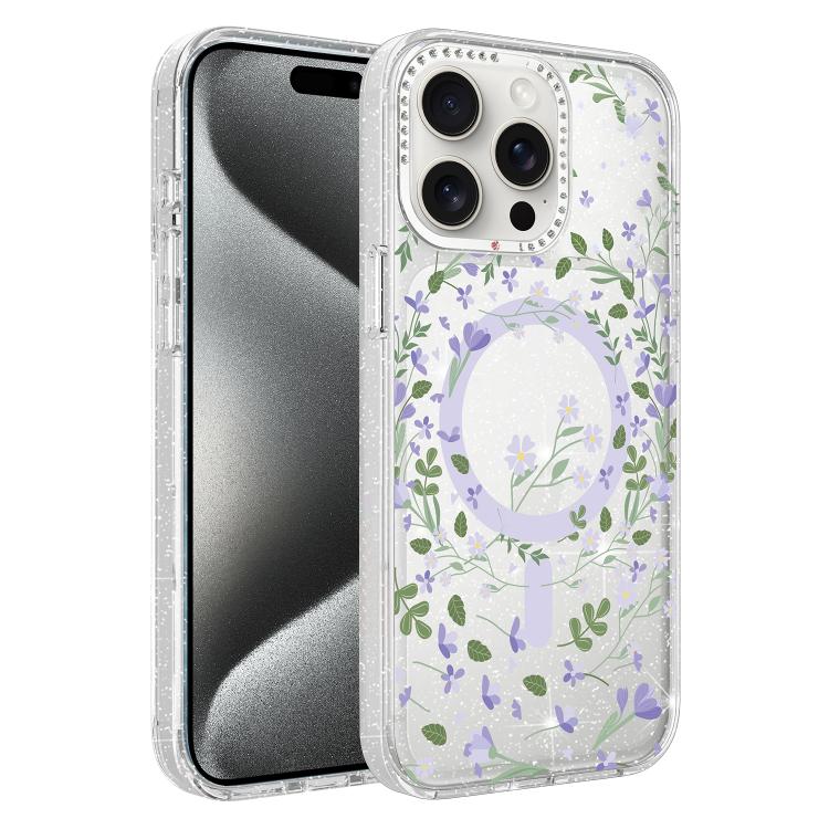 Custodia magnetica per telefono con glitter e motivo floreale IMD, For iPhone 15 Pro Max, For iPhone 15 Pro, For iPhone 15