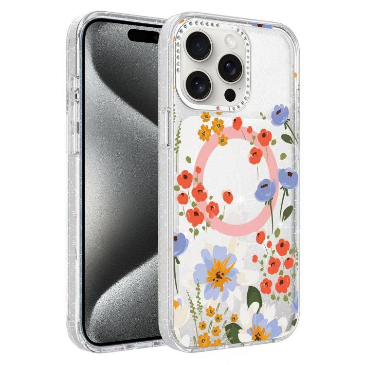 Custodia magnetica per telefono con glitter e motivo floreale IMD, For iPhone 15 Pro Max, For iPhone 15 Pro, For iPhone 15