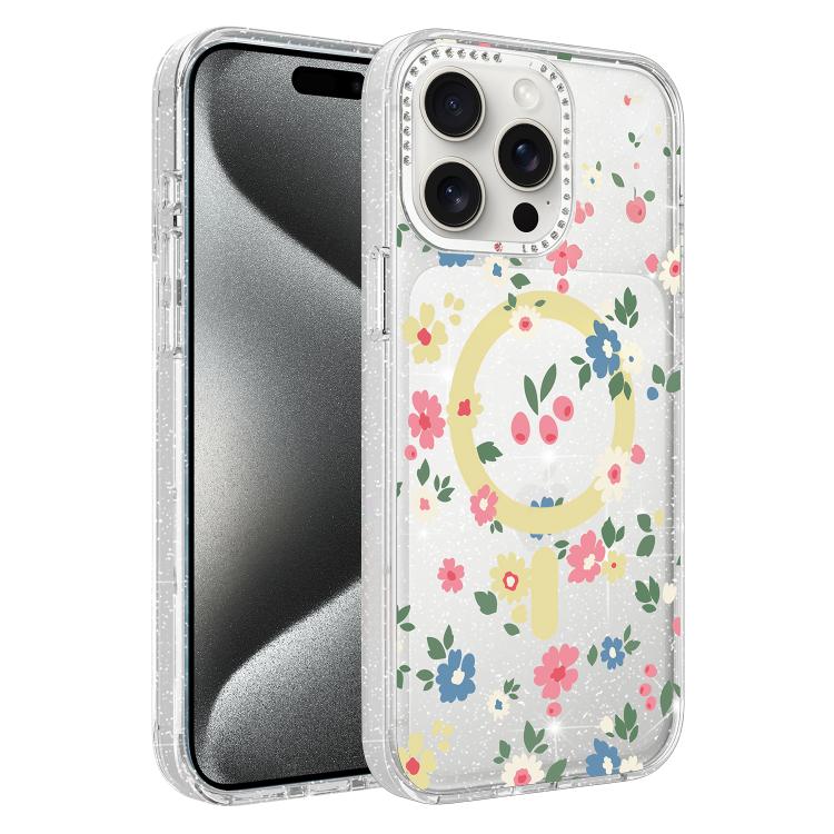 Custodia magnetica per telefono con glitter e motivo floreale IMD, For iPhone 15 Pro Max, For iPhone 15 Pro, For iPhone 15