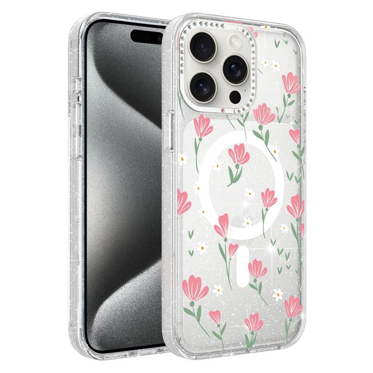 Custodia magnetica per telefono con glitter e motivo floreale IMD, For iPhone 15 Pro Max, For iPhone 15 Pro, For iPhone 15