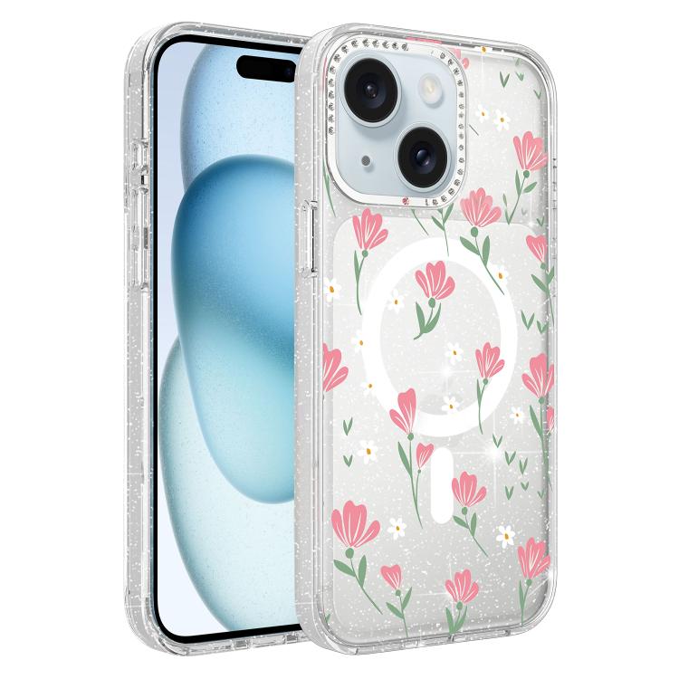 Custodia magnetica per telefono con glitter e motivo floreale IMD, For iPhone 15 Pro Max, For iPhone 15 Pro, For iPhone 15