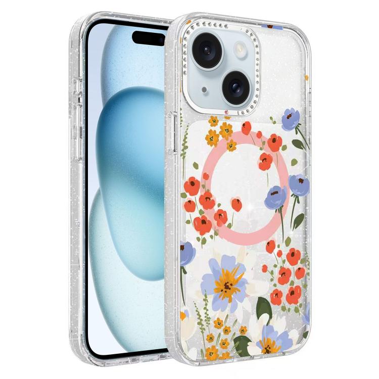 Custodia magnetica per telefono con glitter e motivo floreale IMD, For iPhone 15 Pro Max, For iPhone 15 Pro, For iPhone 15