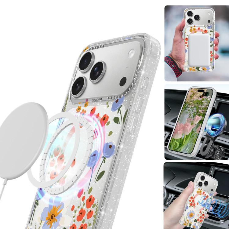 Custodia magnetica per telefono con glitter e motivo floreale IMD, For iPhone 17, For iPhone 16 Pro Max, For iPhone 16 Pro, For iPhone 16