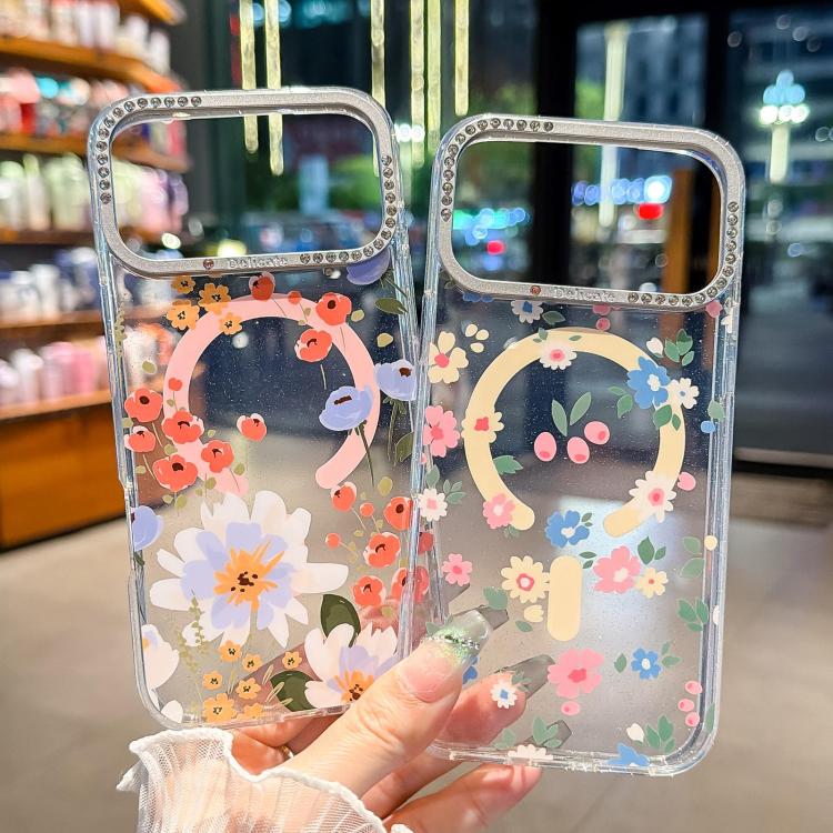 Custodia magnetica per telefono con glitter e motivo floreale IMD, For iPhone 17, For iPhone 16 Pro Max, For iPhone 16 Pro, For iPhone 16