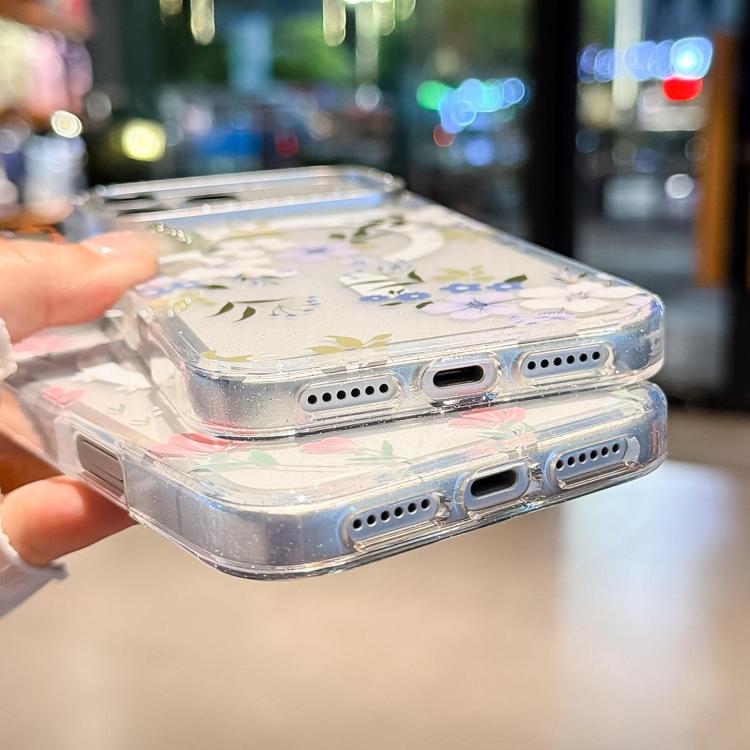 Custodia magnetica per telefono con glitter e motivo floreale IMD, For iPhone 18 Pro, For iPhone 18 Pro Max, For iPhone 17 Pro Max, For iPhone 17 Pro