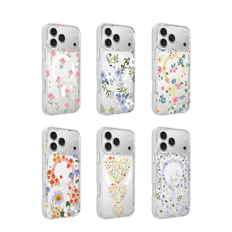 Custodia magnetica per telefono con glitter e motivo floreale IMD, For iPhone 15 Pro Max, For iPhone 15 Pro, For iPhone 15