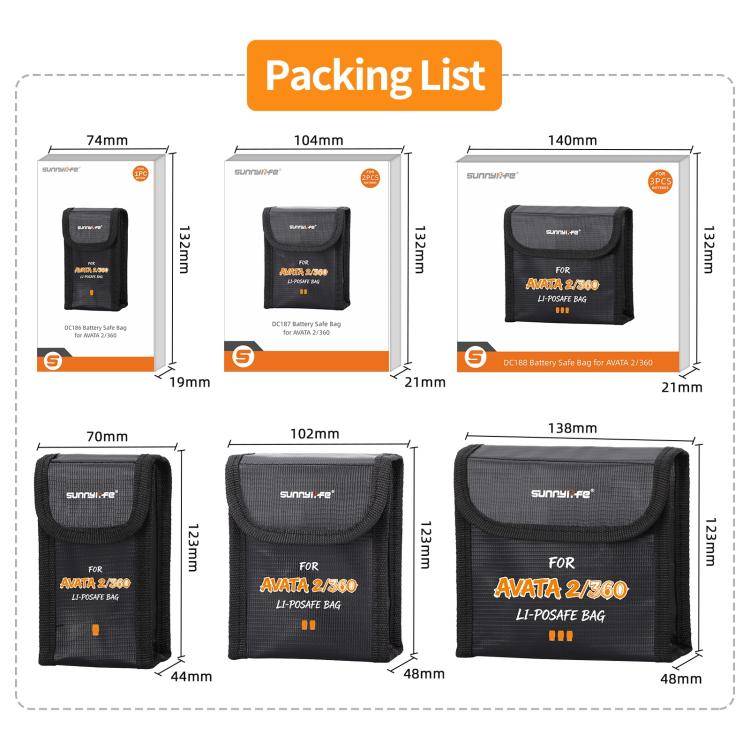 Borsa di sicurezza antideflagrante Sunnylife per batterie DJI Avata 2 / 360, borsa protettiva per batterie Li-Po., For 1pc Battery, For 2pcs Batteries, For 3pcs Batteries