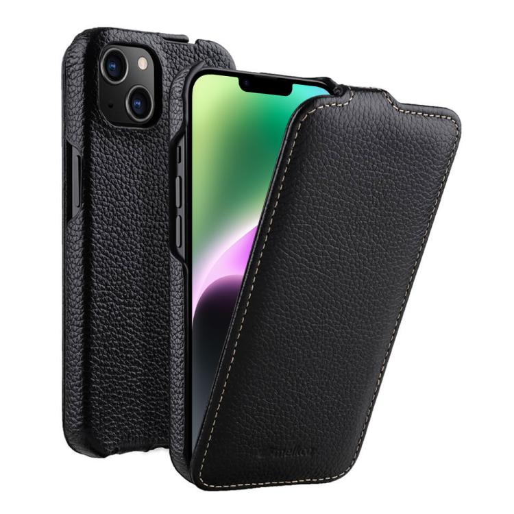 melkco Custodia per telefono in vera pelle con motivo litchi, apertura verticale magnetica, For iPhone 15 Pro, For iPhone 15, For iPhone 14, For iPhone 14 Pro