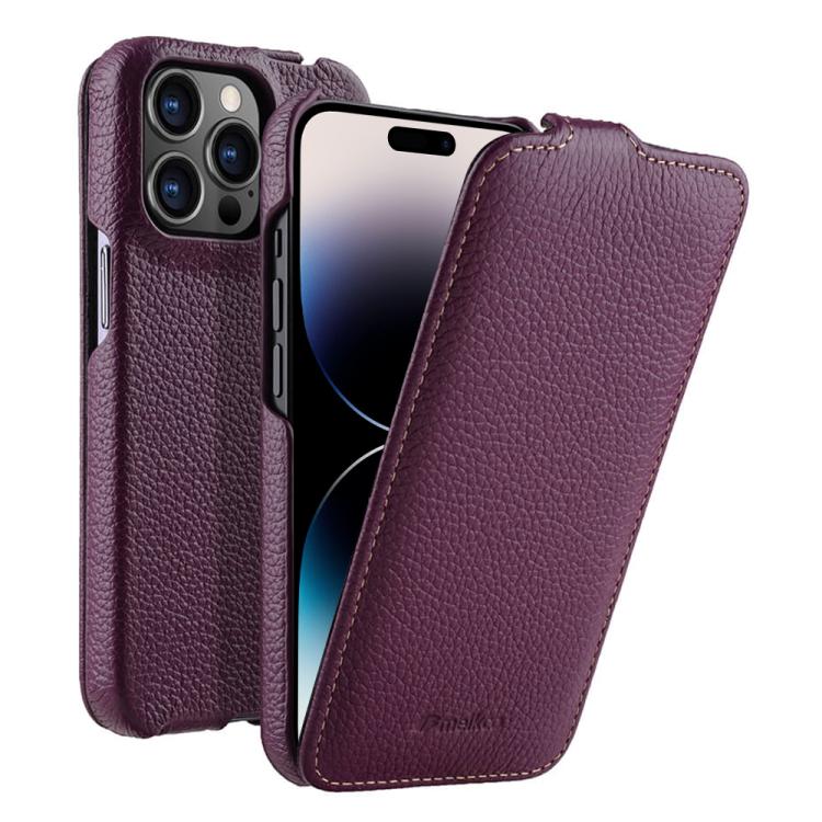 melkco Custodia per telefono in vera pelle con motivo litchi, apertura verticale magnetica, For iPhone 15 Pro, For iPhone 15, For iPhone 14, For iPhone 14 Pro