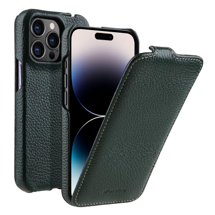 melkco Custodia per telefono in vera pelle con motivo litchi, apertura verticale magnetica, For iPhone 15 Pro, For iPhone 15, For iPhone 14, For iPhone 14 Pro