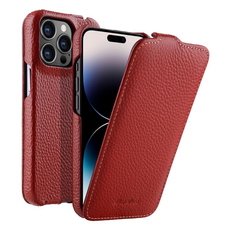 melkco Custodia per telefono in vera pelle con motivo litchi, apertura verticale magnetica, For iPhone 15 Pro, For iPhone 15, For iPhone 14, For iPhone 14 Pro